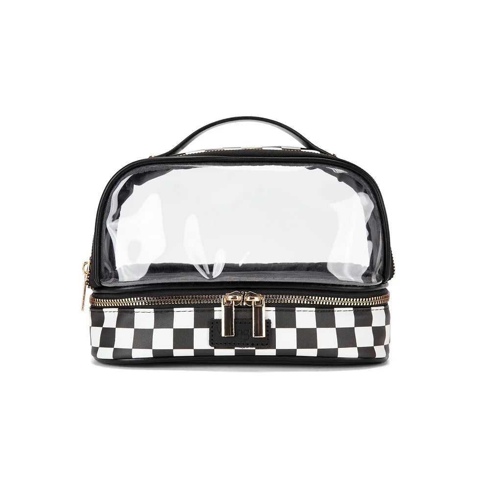 Wrangler Clear Top Double-Zip Cosmetic Pouch with Handle - Black and White Checkered