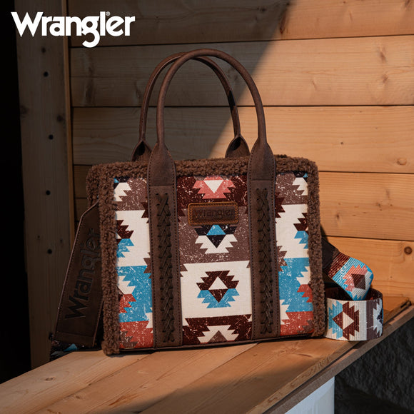 Wrangler Sherpa Southwestern Print Small Canvas Tote/Crossbody-  Coffee