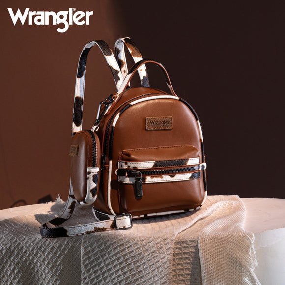 Wrangler Cow Print Trimmed Mini Backpack With Coin Pouch - Brown