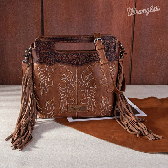 WRANGLER TOP HANDLE EMBROIDERED FRINGE TOTE CROSSBODY - BROWN