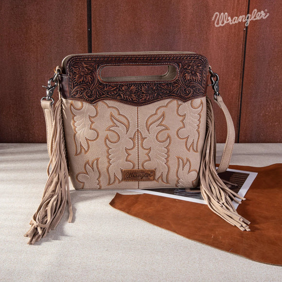 WRANGLER TOP HANDLE EMBROIDERED FRINGE TOTE CROSSBODY - TAN