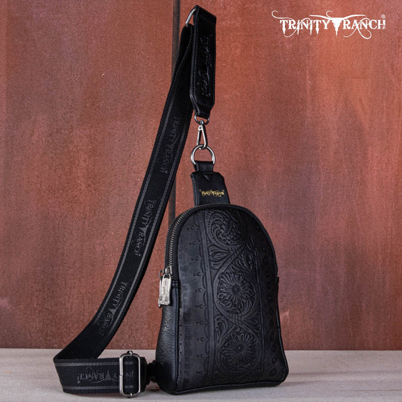 Trinity Ranch Floral Tooled Collection Sling Bag - Black