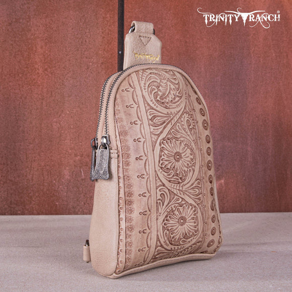 Trinity Ranch Floral Tooled Collection Sling Bag - Tan