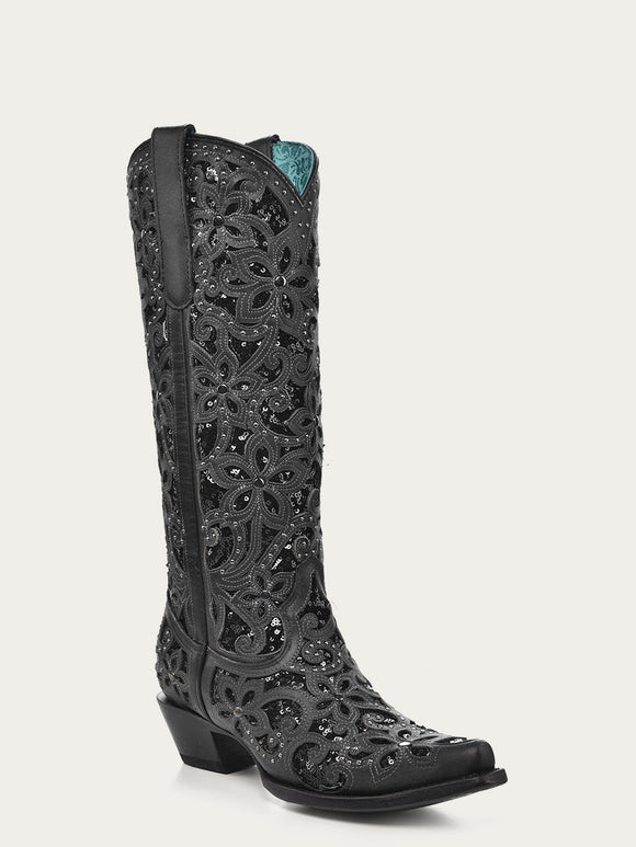 CORRAL WOMEN'S BLACK FULL INLAY & STUDS TALL WESTERN BOOT - A3589
