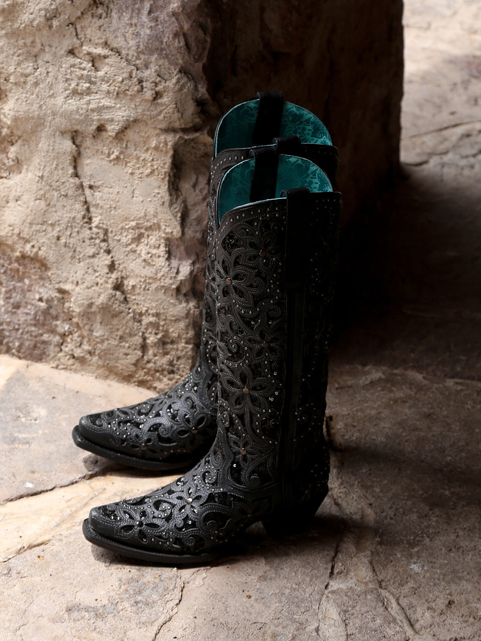 CORRAL WOMEN'S BLACK FULL INLAY & STUDS TALL WESTERN BOOT - A3589