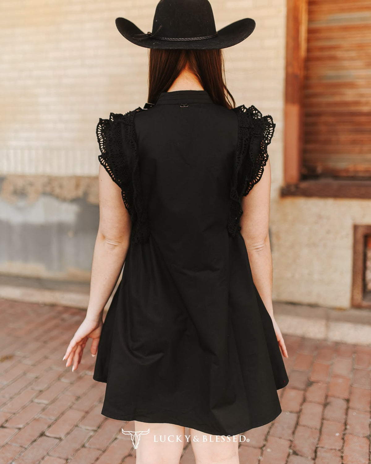 BLACK CROCHET RUFFLE SLEEVELESS BUTTON DOWN DRESS