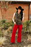 Red Stretch Denim Western Arrow Pocket Detail High Rise Wide Leg Jeans (32in Inseam)
