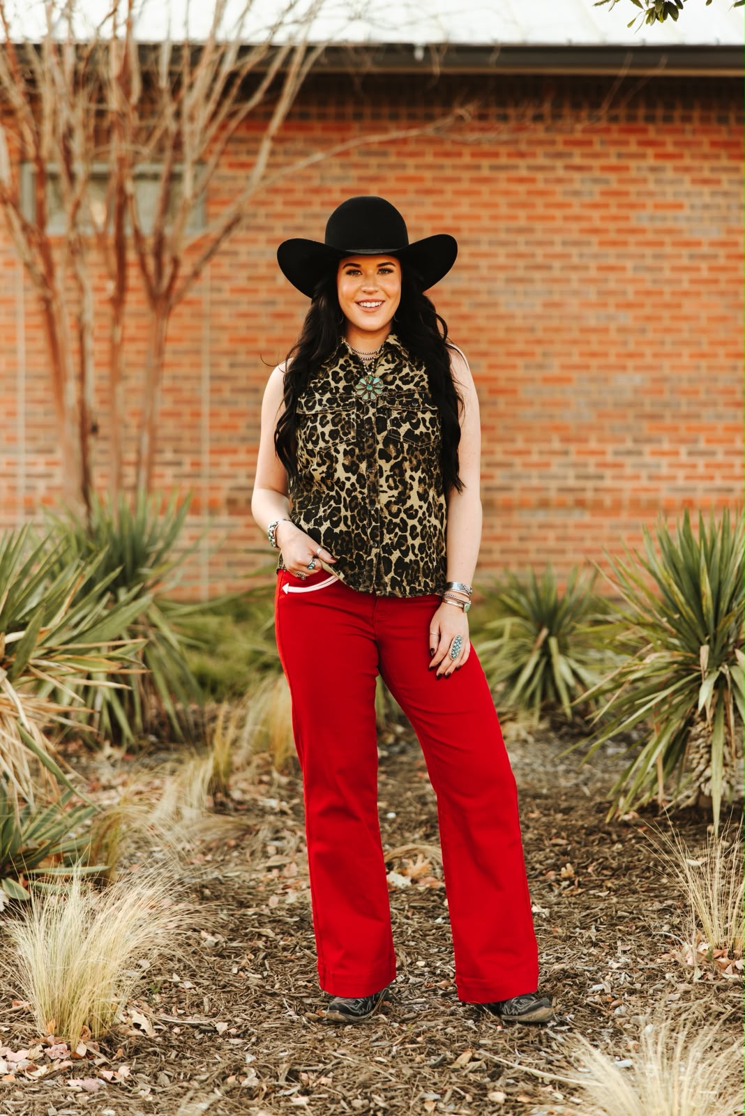 Red Stretch Denim Western Arrow Pocket Detail High Rise Wide Leg Jeans (32in Inseam)