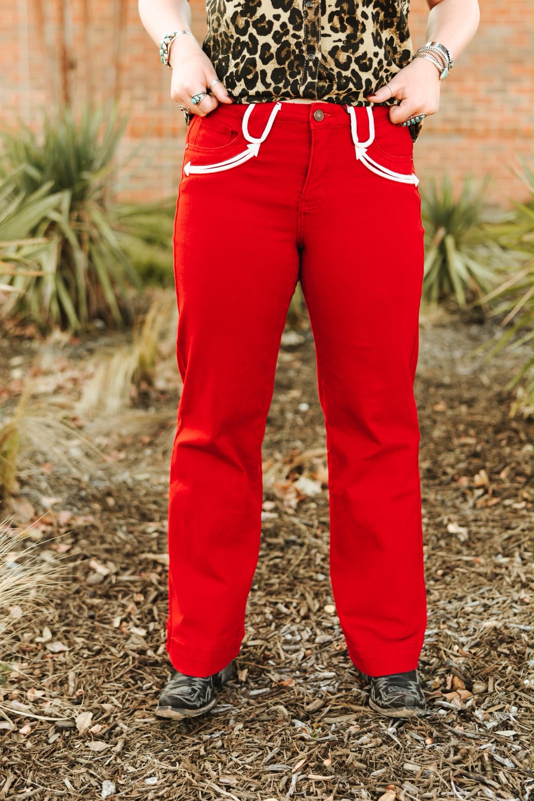Red Stretch Denim Western Arrow Pocket Detail High Rise Wide Leg Jeans (32in Inseam)