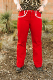 Red Stretch Denim Western Arrow Pocket Detail High Rise Wide Leg Jeans (32in Inseam)