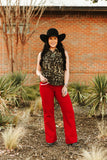 Red Stretch Denim Western Arrow Pocket Detail High Rise Wide Leg Jeans (32in Inseam)