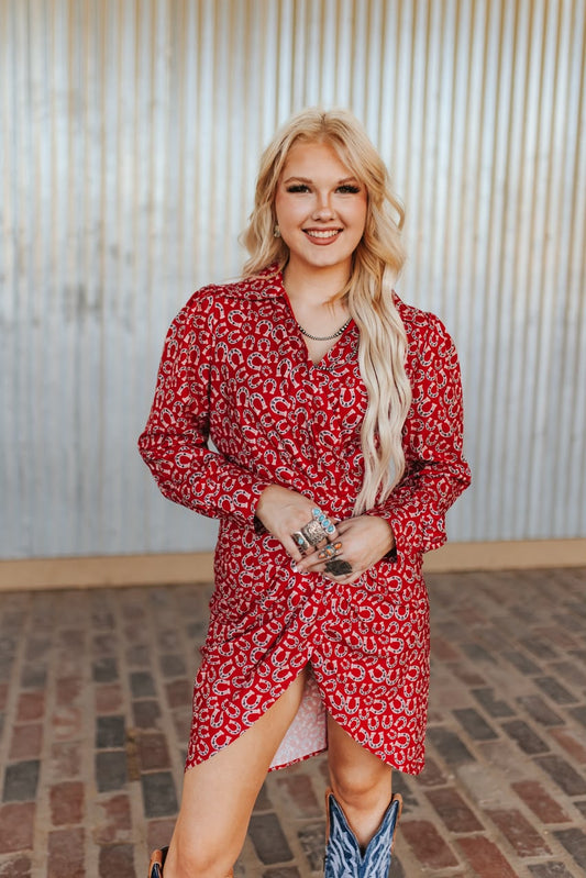 RED SCARLET HORSESHOE PRINTED WRAP PUFF SLEEVE DRESS