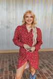 RED SCARLET HORSESHOE PRINTED WRAP PUFF SLEEVE DRESS