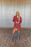 RED SCARLET HORSESHOE PRINTED WRAP PUFF SLEEVE DRESS