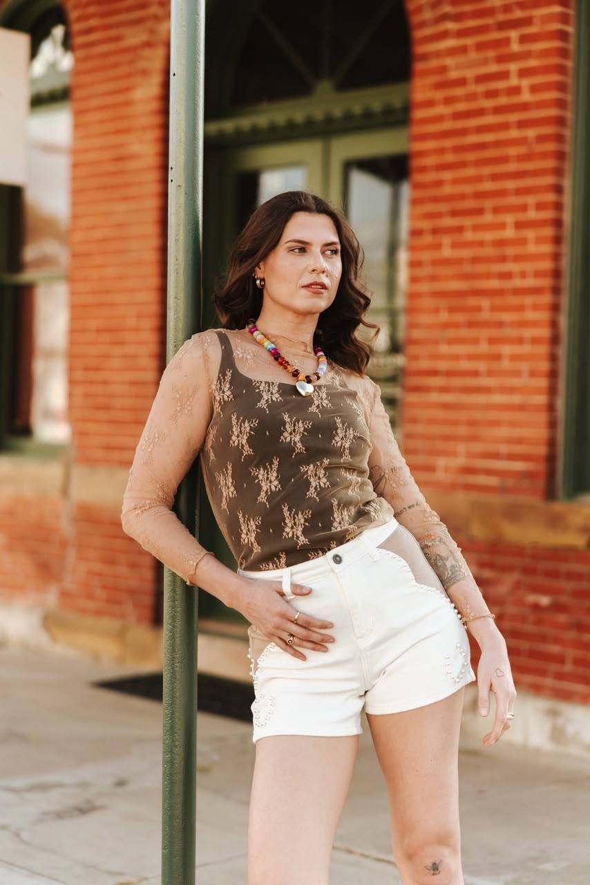 TAN LACE LONG SLEEVE STRETCH TOP