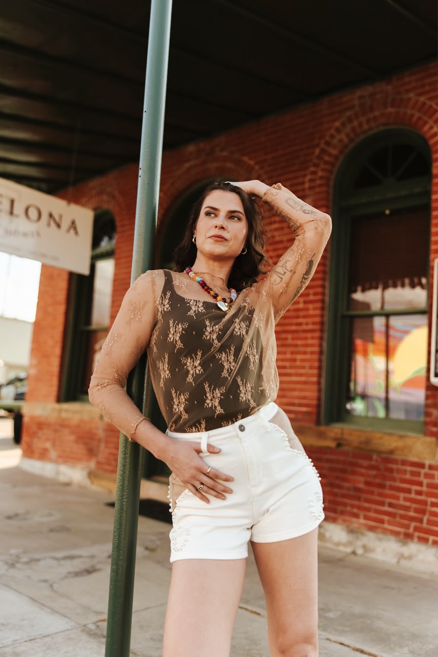 TAN LACE LONG SLEEVE STRETCH TOP