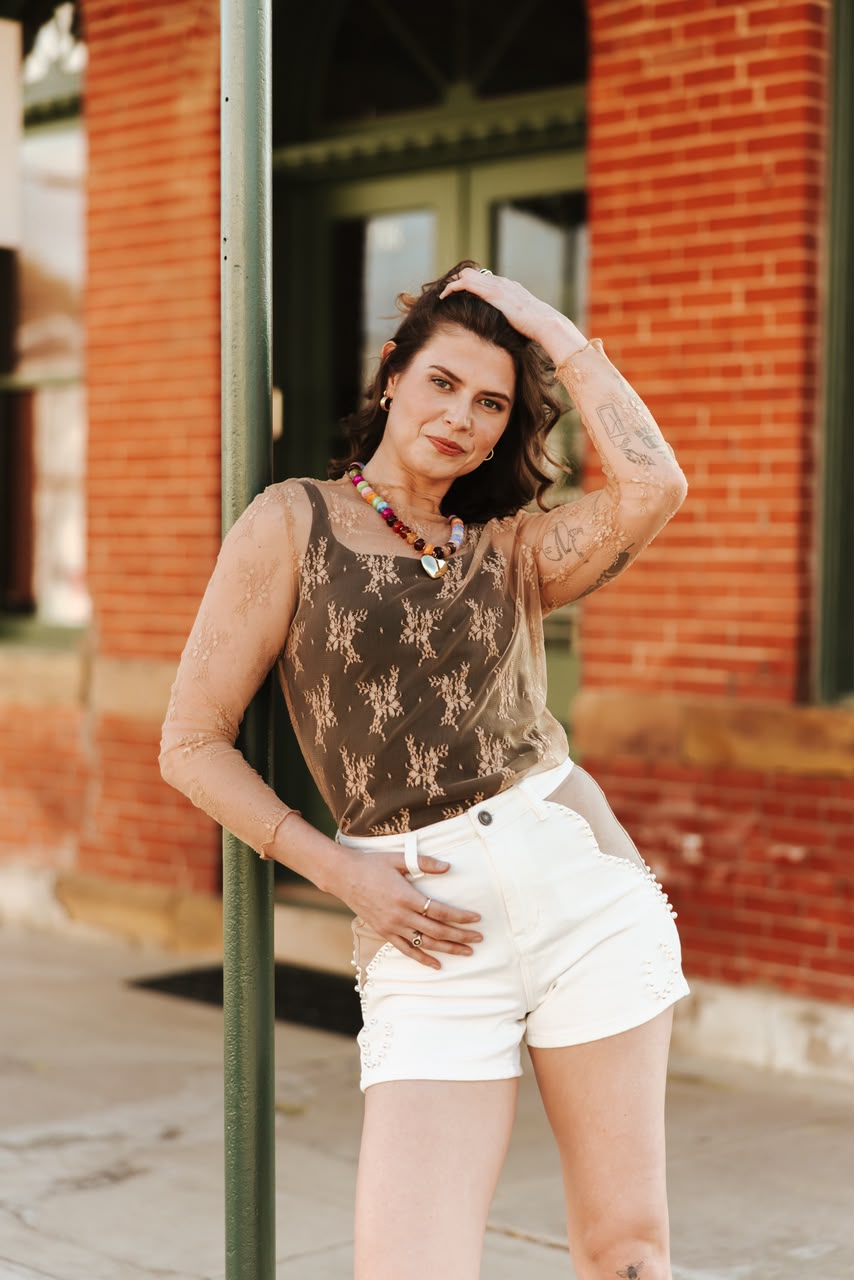 TAN LACE LONG SLEEVE STRETCH TOP