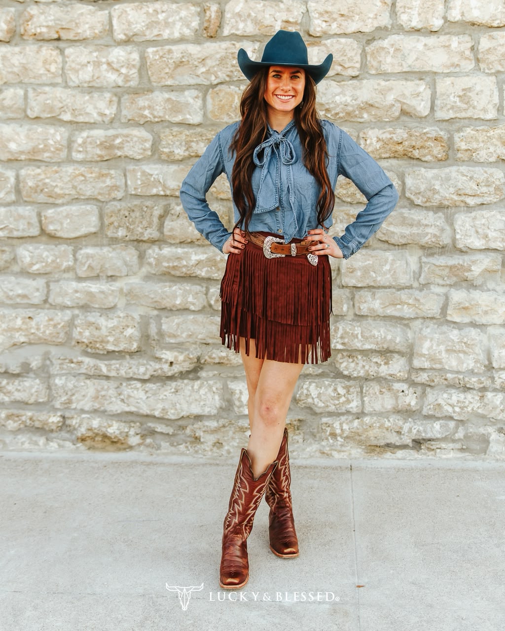 MID WASH TENCEL DENIM CONCHO BUTTON DOWN BOW DENIM BLOUSE