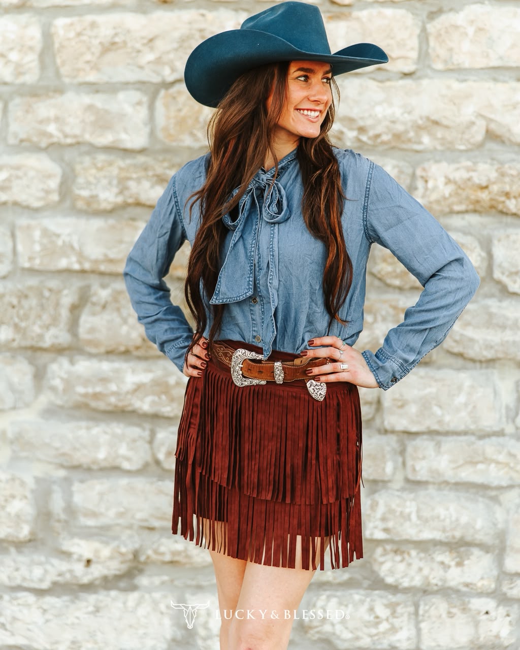 MID WASH TENCEL DENIM CONCHO BUTTON DOWN BOW DENIM BLOUSE