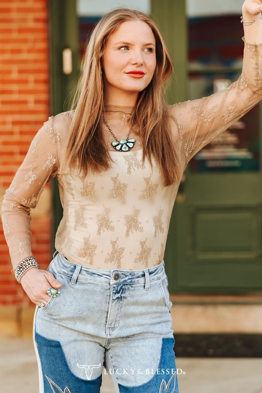 TAUPE LACE LONG SLEEVE STRETCH TOP