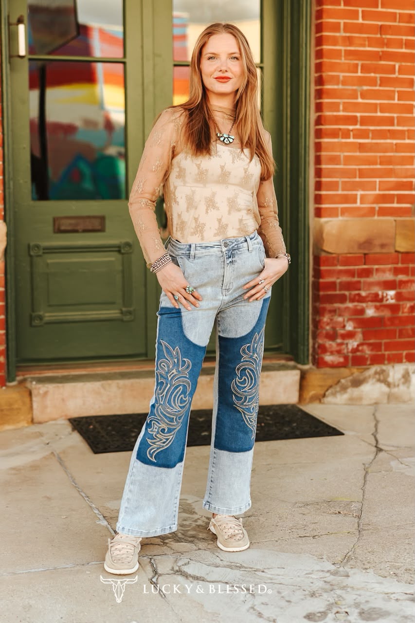 TAUPE LACE LONG SLEEVE STRETCH TOP