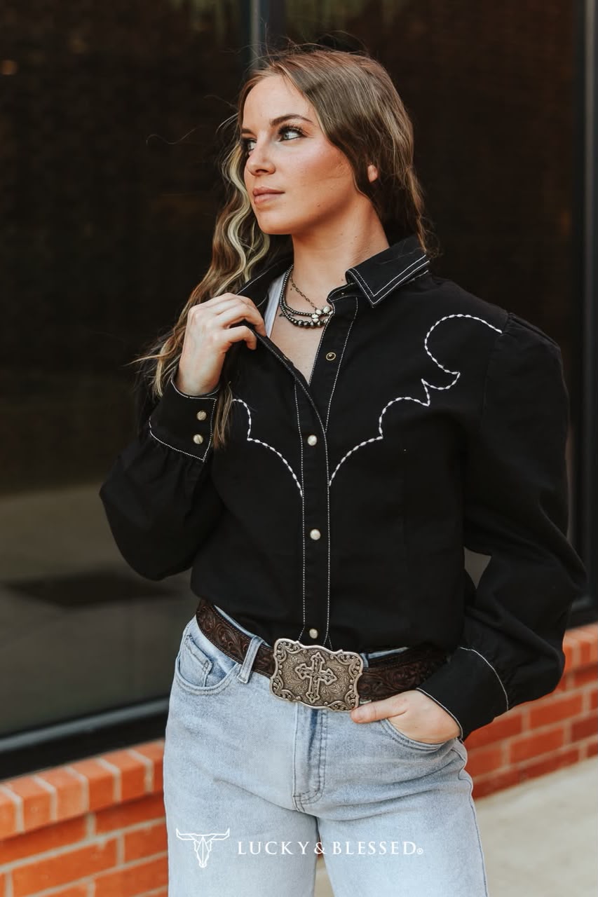 BLACK DENIM STRETCH CONTRAST EMBROIDERED PUFF LONG SLEEVE SHIRT