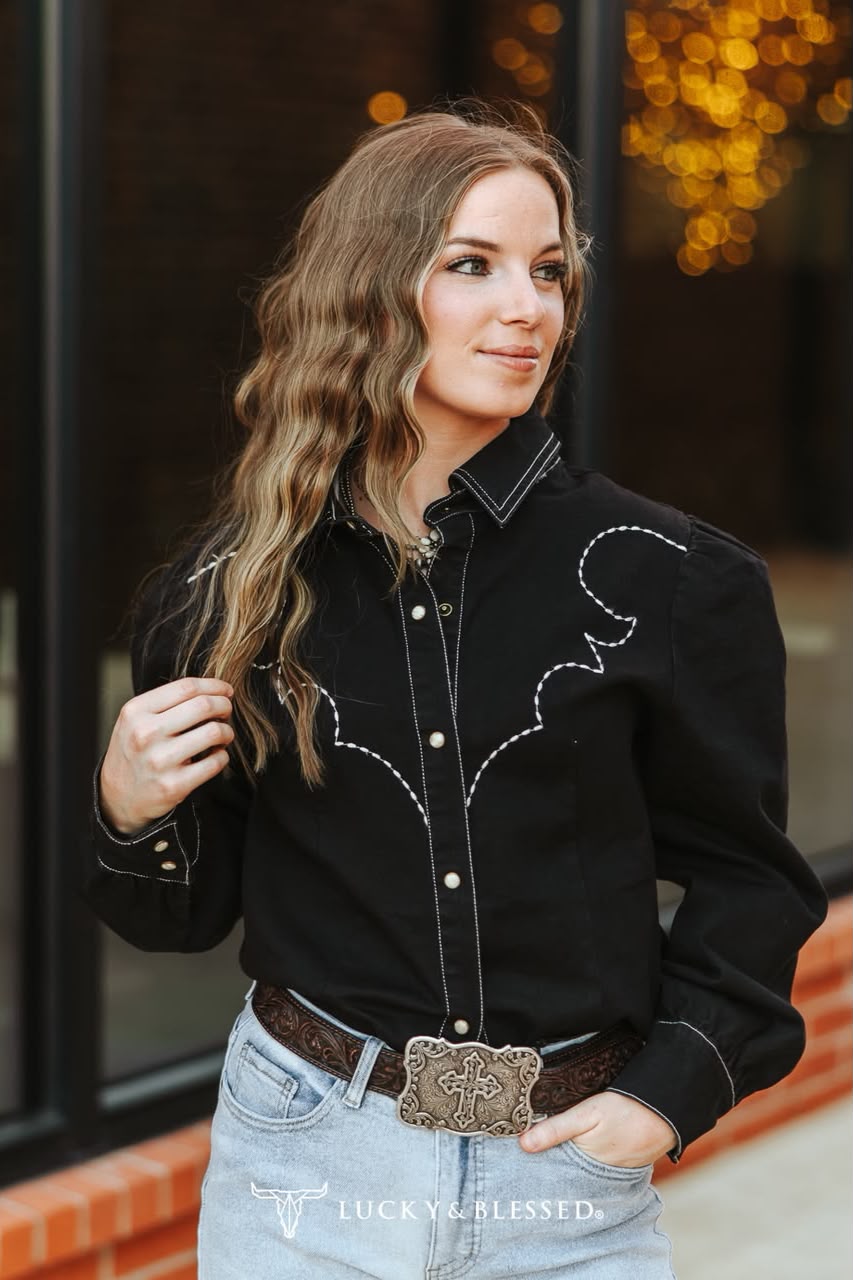 BLACK DENIM STRETCH CONTRAST EMBROIDERED PUFF LONG SLEEVE SHIRT