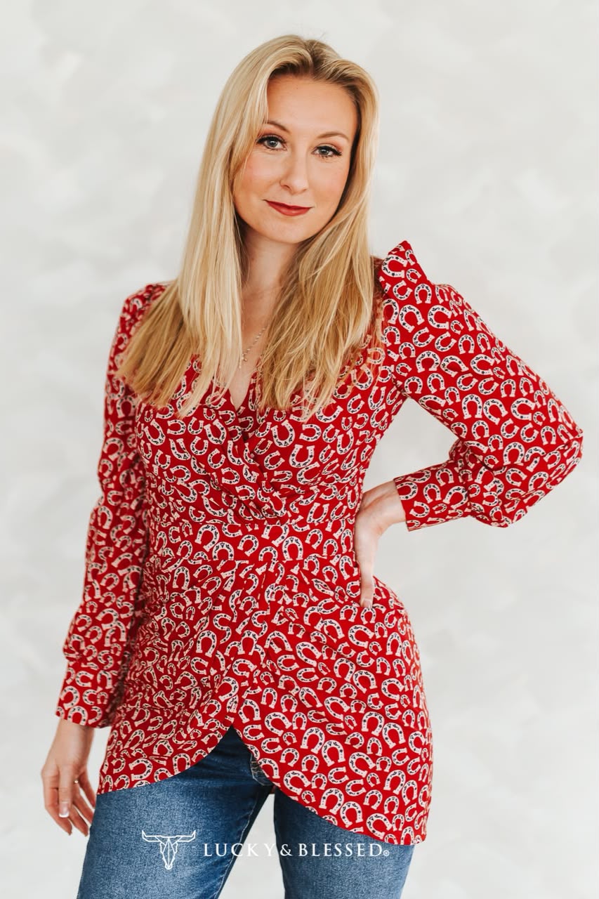 RED SCARLET HORSESHOE PRINTED WRAP PUFF SLEEVE DRESS