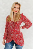 RED SCARLET HORSESHOE PRINTED WRAP PUFF SLEEVE DRESS