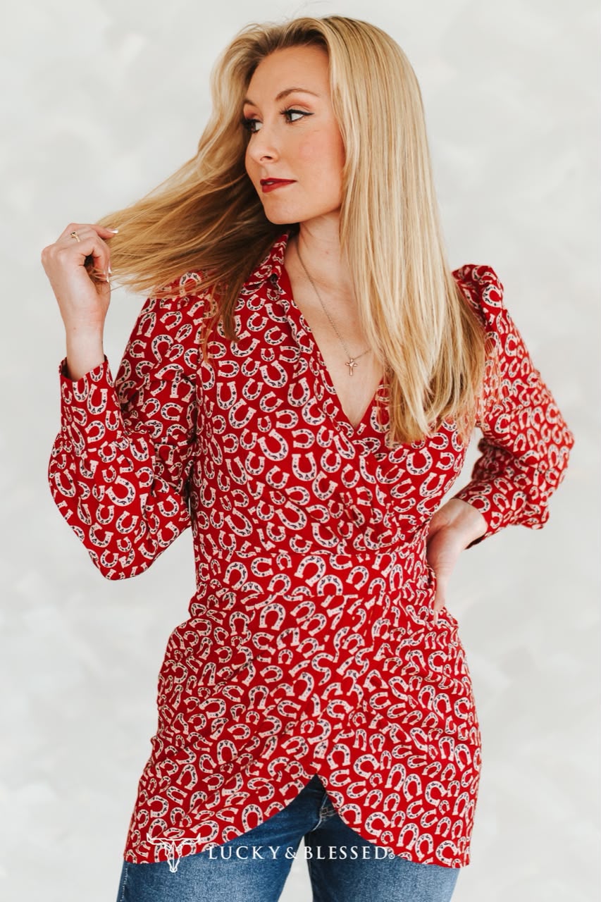 RED SCARLET HORSESHOE PRINTED WRAP PUFF SLEEVE DRESS