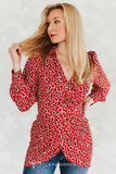 RED SCARLET HORSESHOE PRINTED WRAP PUFF SLEEVE DRESS