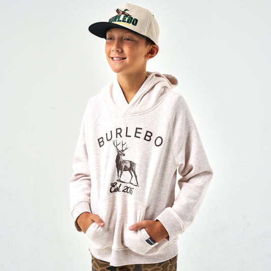 BURLEBO YOUTH FLEECE HOODIE WHITETAIL DEER HEATHER OATMEAL