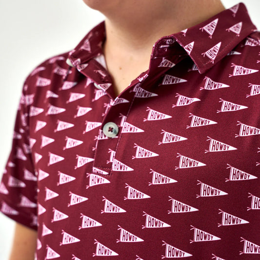 Burlebo Youth Performance Polo - Howdy Pennants - Maroon
