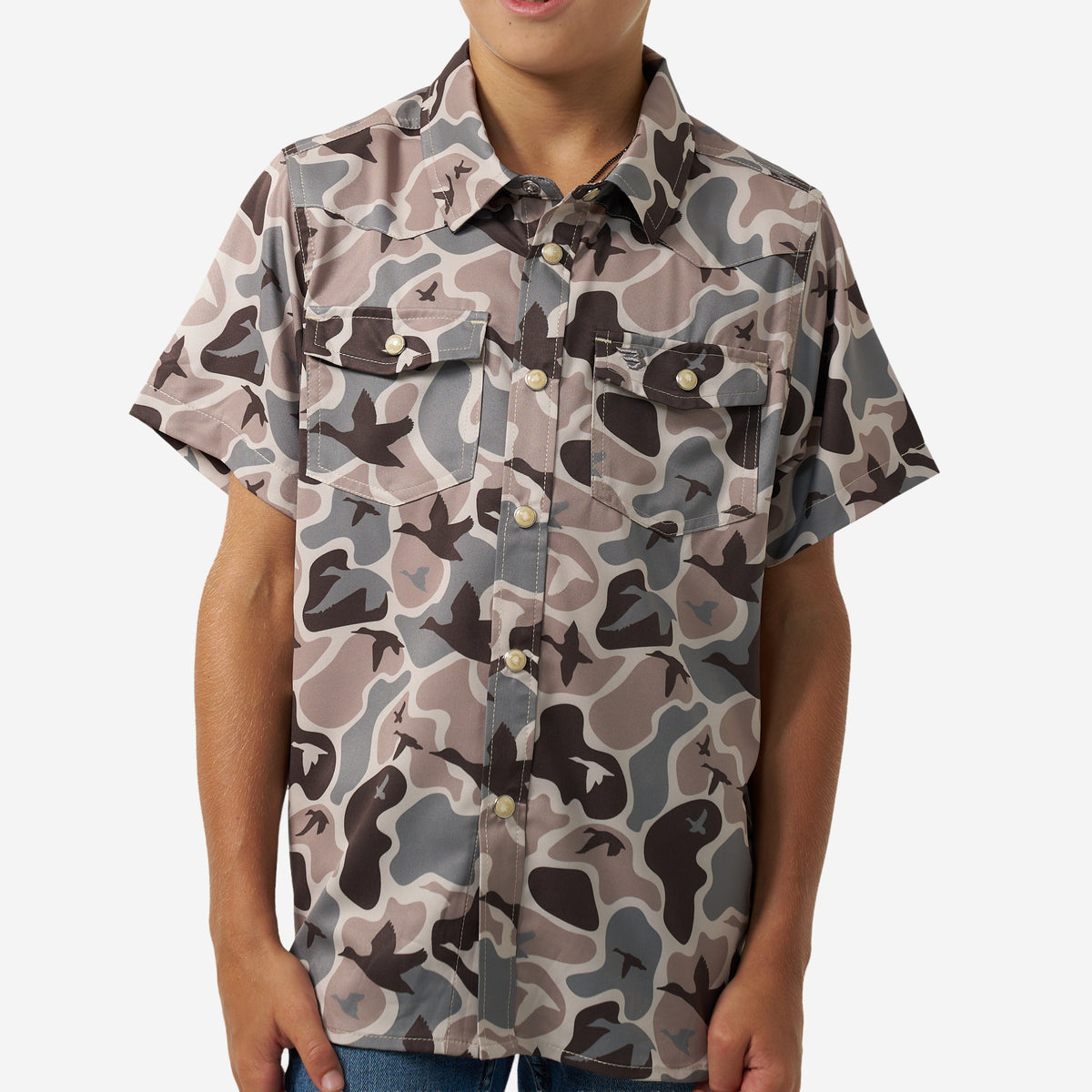 BURLEBO YOUTH PERFORMANCE WESTERN SHIRT - MALLARD MAYHEM CAMO