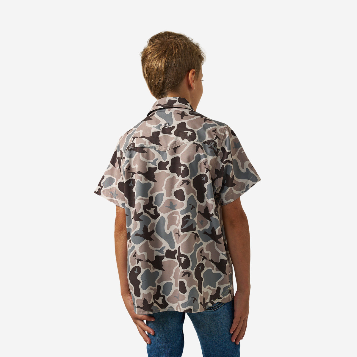BURLEBO YOUTH PERFORMANCE WESTERN SHIRT - MALLARD MAYHEM CAMO