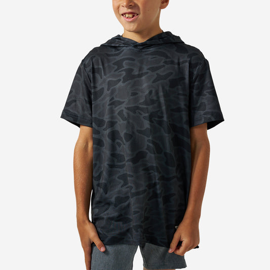 BURLEBO YOUTH SHORT SLEEVE PERFORMANCE HOODIE - BLACK CAMO