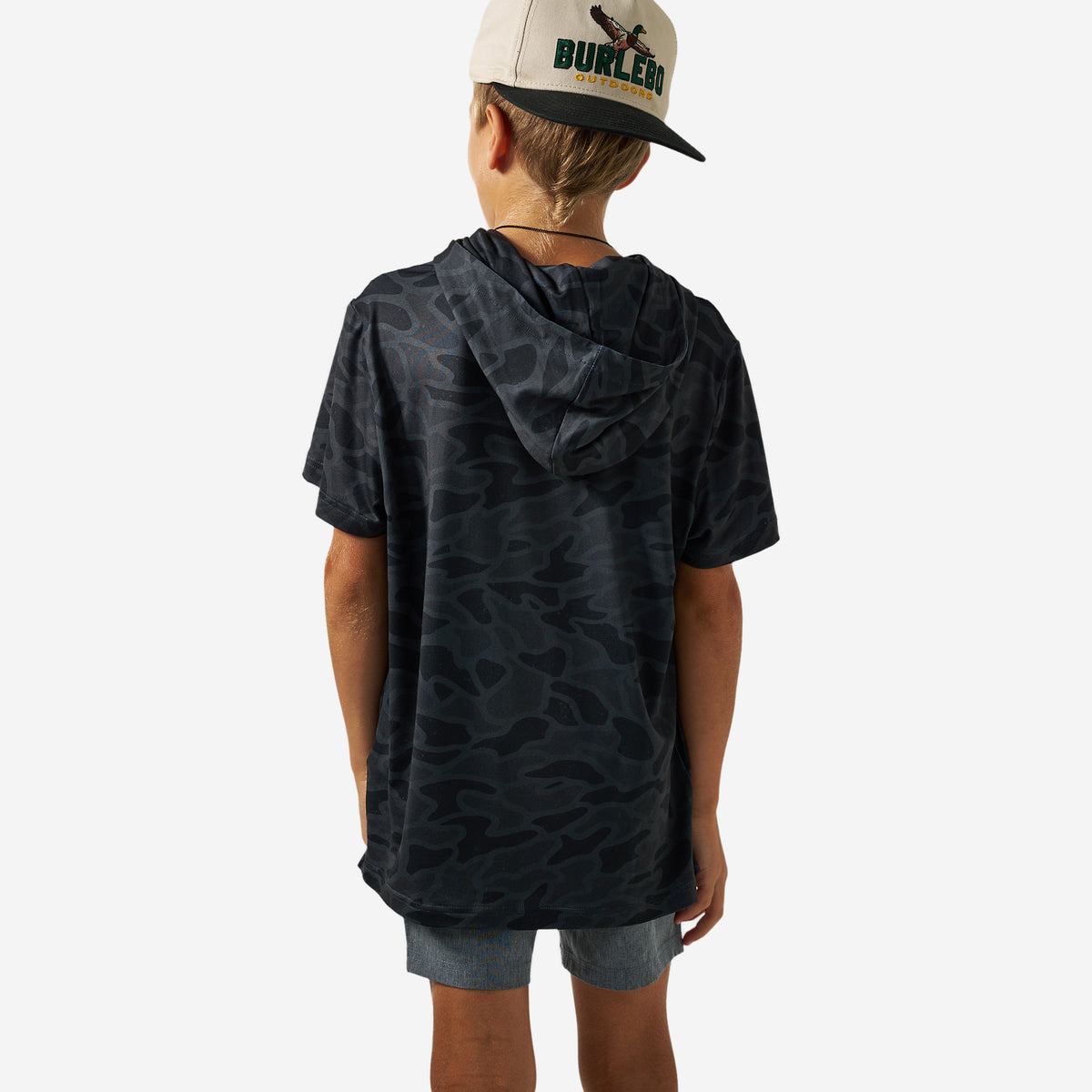 BURLEBO YOUTH SHORT SLEEVE PERFORMANCE HOODIE - BLACK CAMO