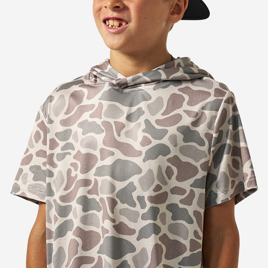 BURLEBO YOUTH SHORT SLEEVE PERFORMANCE HOODIE - CLASSIC DEER CAMO