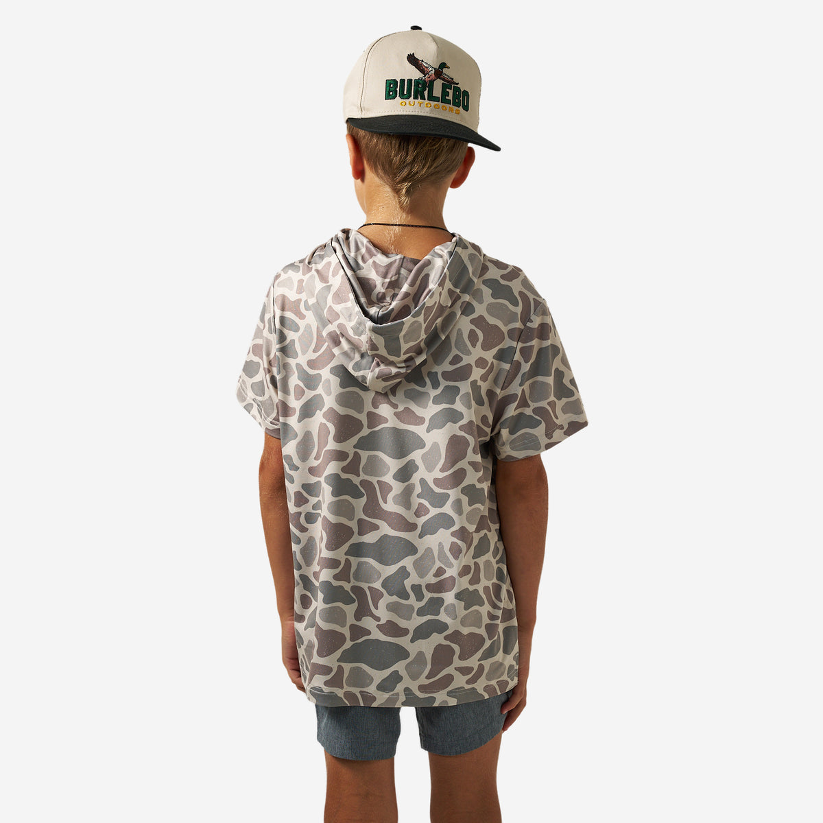 BURLEBO YOUTH SHORT SLEEVE PERFORMANCE HOODIE - CLASSIC DEER CAMO