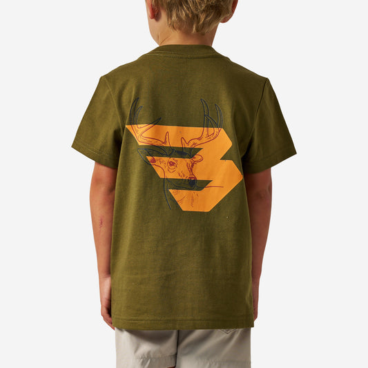 BURLEBO YOUTH SHORT SLEEVE TEE - DEER FLYING B (ORANGE) LOGO - HUNTER GREEN