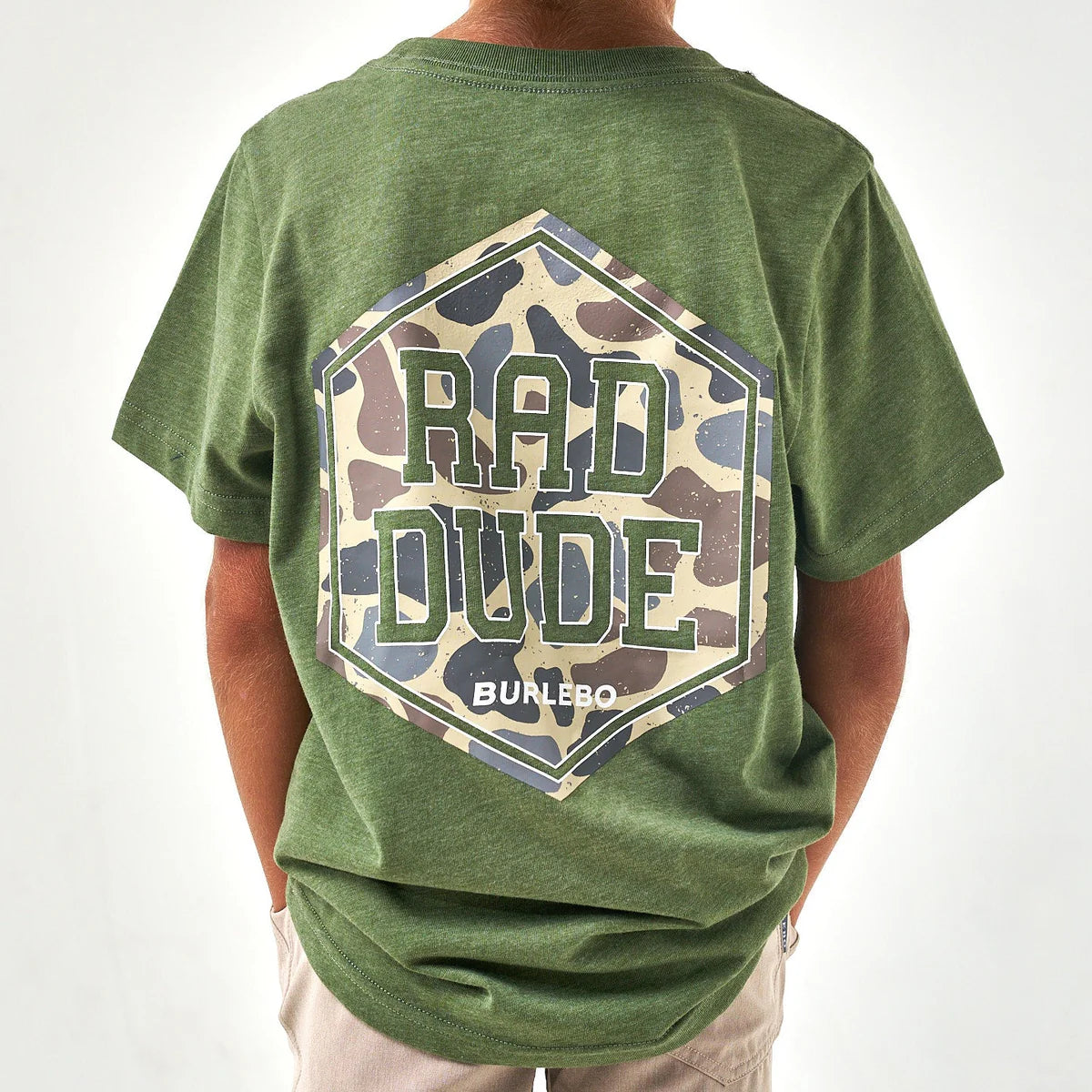 Burlebo Youth Short Sleeve Tee - Rad Dude Deer Camo - Heather Olive