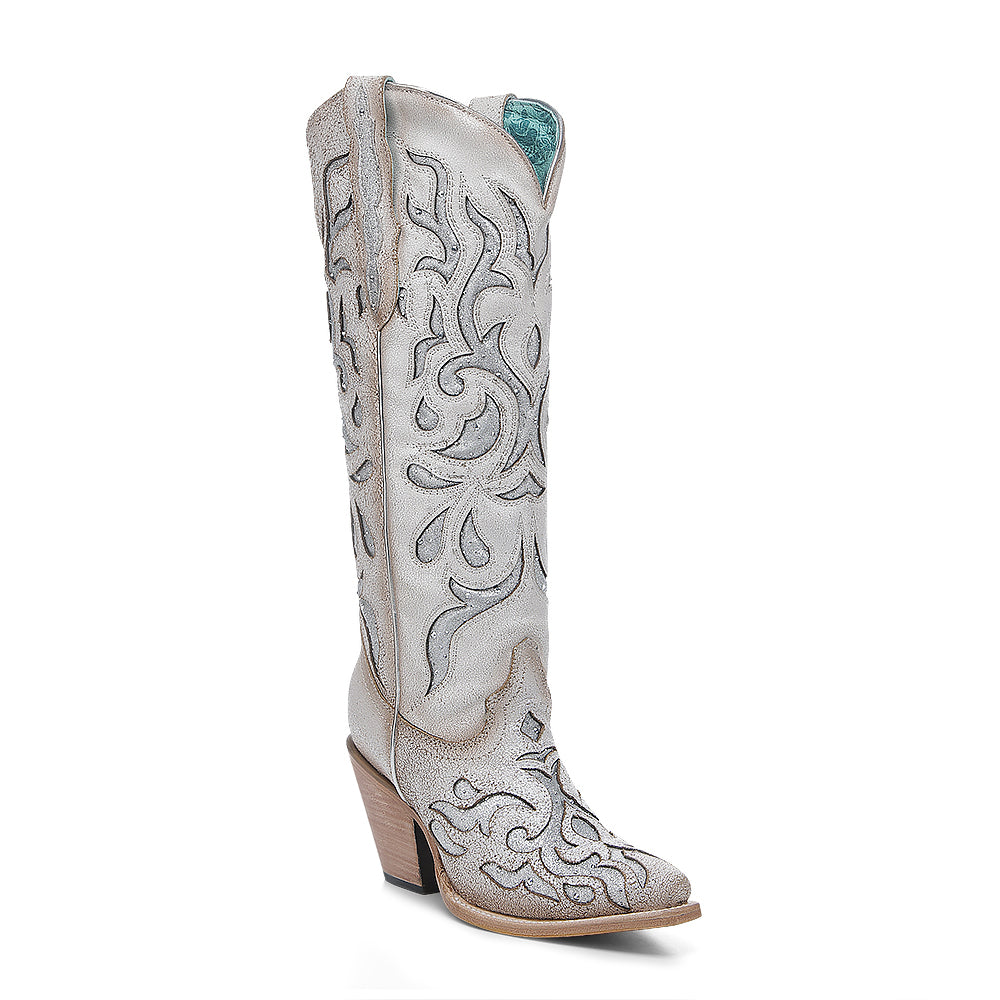 CORRAL WOMEN'S WHITE EMBROIDERY & GLITTER CRYSTAL INLAY TALL WESTERN BOOT - Z5352