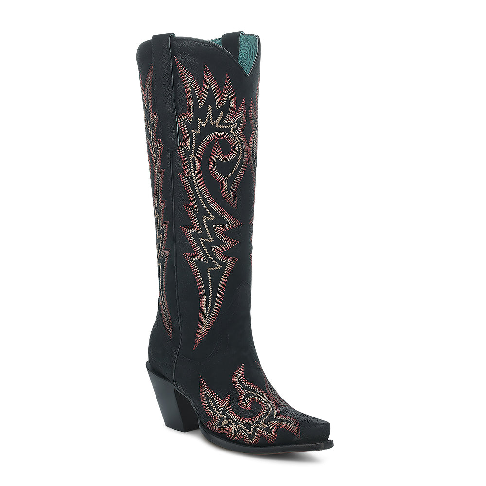 CORRAL WOMEN'S BLACK AND RED EMBROIDERY BONE SNIP TOE COWBOY BOOT - Z5369