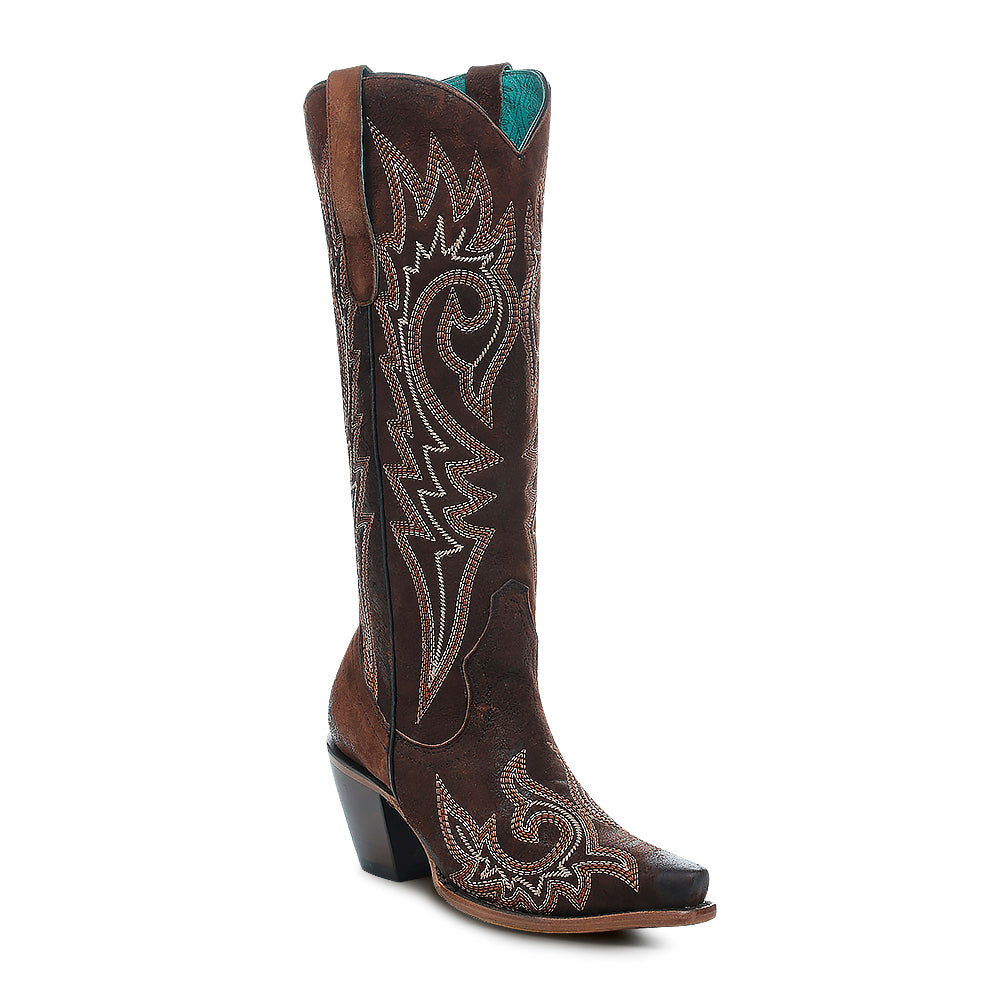CORRAL WOMEN'S BROWN AND WHITE EMBROIDERY BONE SNIP TOE COWBOY BOOT - Z5370