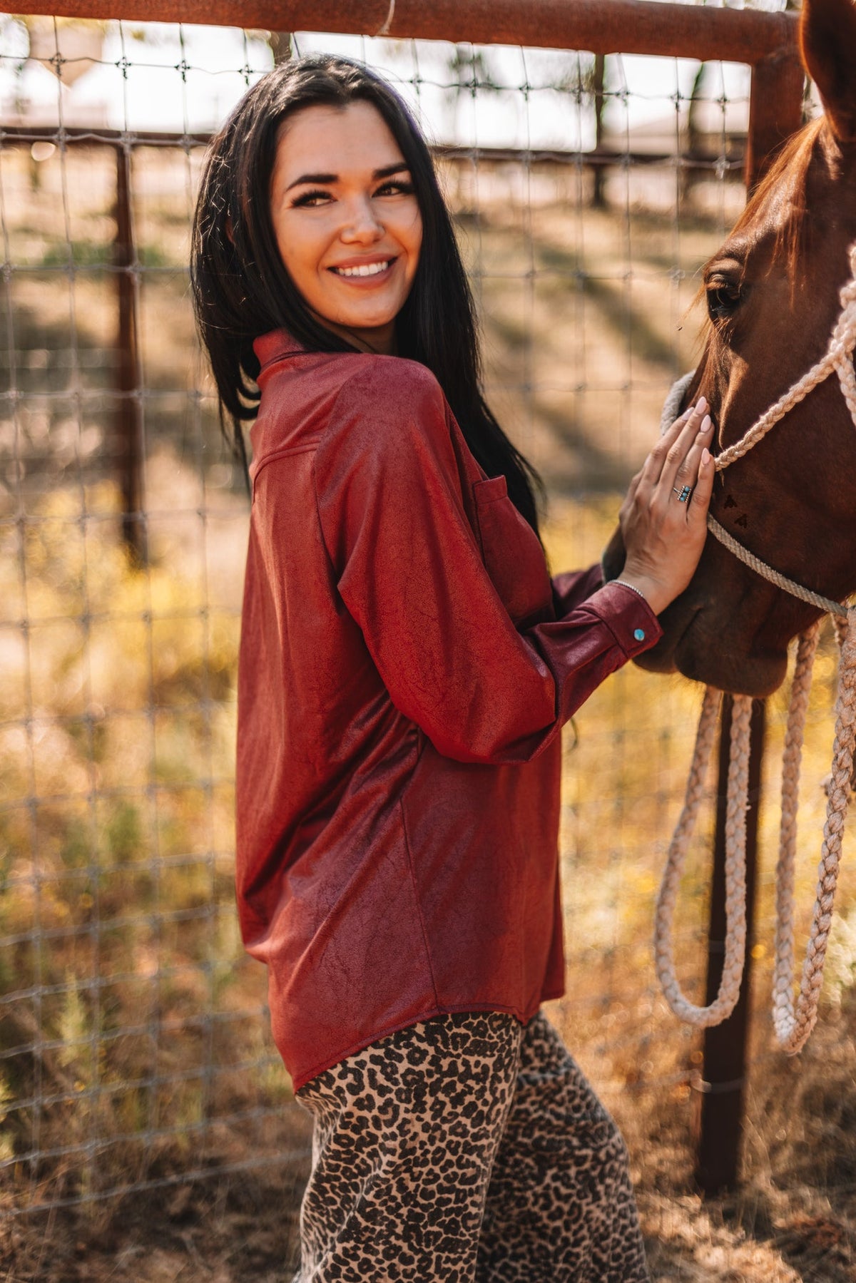 LEATHER LUX LONG SLEEVE TOP - BURGUNDY