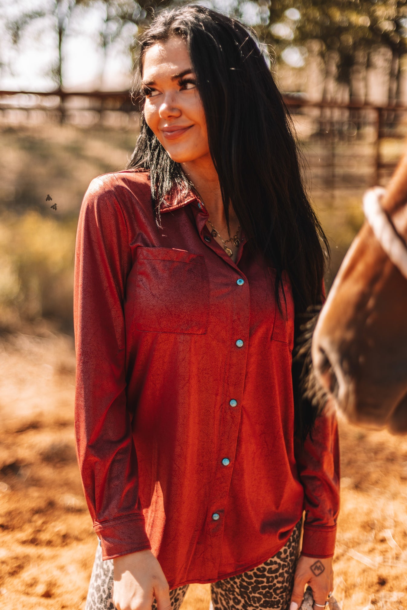 LEATHER LUX LONG SLEEVE TOP - BURGUNDY