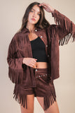 SUEDE FRINGE DETAIL WESTERN SHACKET - CHOCOLATE