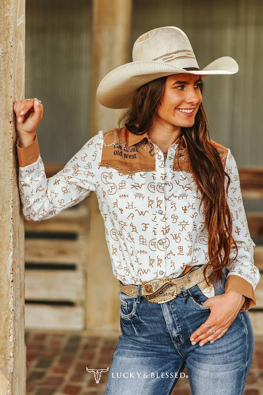 BROWN BRANDED PRINTED BUTTON UP SHIRT WITH EMBROIDERY