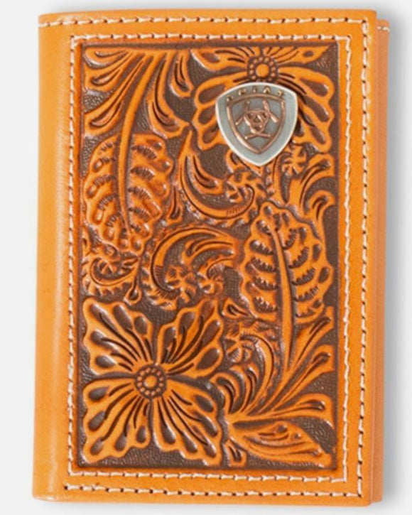 ARIAT TRI-FOLD FLORAL EMBOSSED WALLET - BROWN