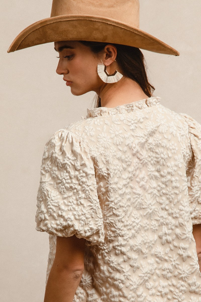 FLORAL PATTERN TEXTURED BALLON SLEEVES V NECK TOP - OATMEAL